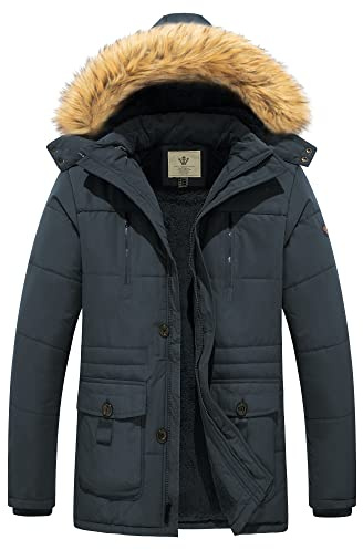 WenVen Homme Manteau d'hiver Décontracté en Molleton Veste d'Extérieur | Coupe-Vent,Multi-Poche,Softshell,Capuche Amovible à Fourrure,Résistante,Threaded Cuffs,Zavec Capuche,Plein air,Camping