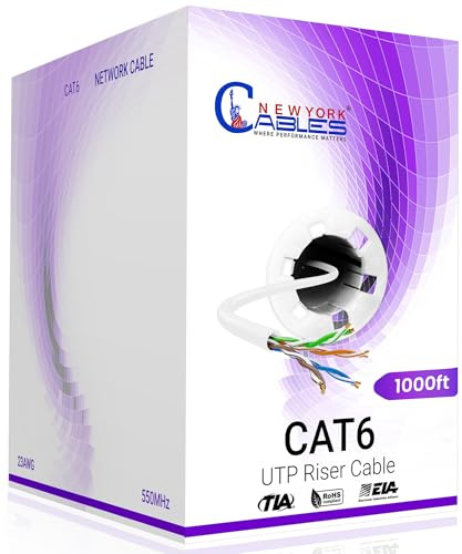 NewYork Cables | CAT6 Ethernet Cable 1000ft | Bulk Riser (CMR) 23AWG, UTP 4 Pairs, 550MHz 10Gbps High-Speed LAN Cable for Streaming, Gaming, Home, Office | Easy Pull Box | White