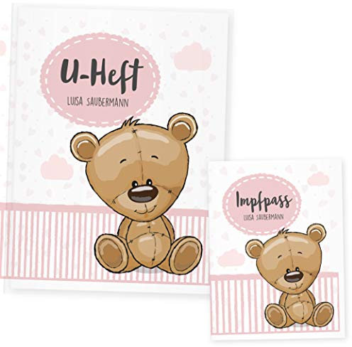 U Heft Hülle Tiere, Uheft Hülle und Impfpass Hülle Set (Uheft Set personalisiert, Bär Rosa)