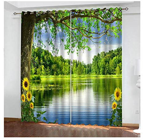 Daesar Gardinen Vorhang mit Ösen Blickdicht Grün, See mit Sonnenblume und Bäume Fenster Vorhänge Modern Lang Kinderzimmer 264x214CM Schlafzimmer Verdunklungs Vorhänge Kinderzimmer 2er Set