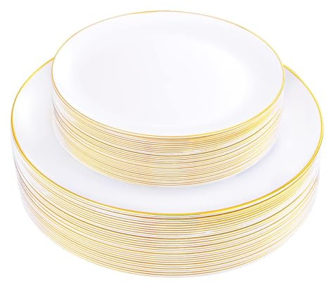 KIRE 60PCS Gold Plastic Plates - Heavy Duty White Disposable Plates with Gold Rim for Wedding/Easter/Spring/Ramadan - Include 30Pieces 10.25inch Dinner Plate and 30Pcs 7.5inch Dessert Plate