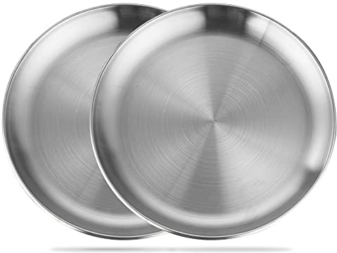 Betinyar 2 Pieces 8 Inch Stainless Steel Round Plate, Metal Camping Plates, Stainless Steel Plates, Reusable Metal Dinner Plates for Outdoor Picnic Camping(Silver, 20cm)