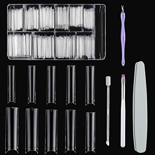 EBANKU 500 Piezas Puntas de Uñas Extra Largas de Media Cubierta, Transparentes Puntas de Uñas Extra Largas Uñas, 10 Sizes with Case & 4PCS Nail Art Tools Para el Diseño de Uñas de Bricolaje