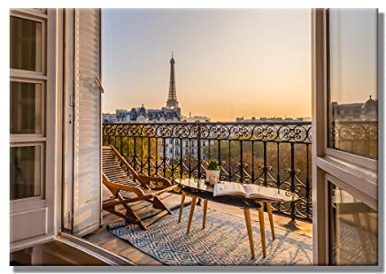 Leinwandbild Window View Paris | Fensterblick | 70 x 100 cm Querformat | Bild auf Leinwand | Paris Frankreich Aussicht Eiffelturm | Deko Einrichtung | modern elegant | Wohnzimmer Schlafzimmer | XL