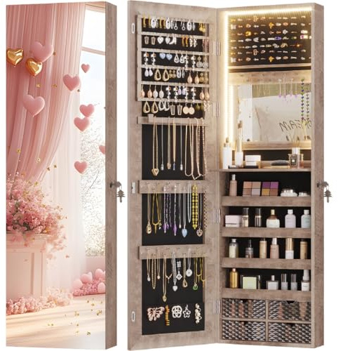 Vlsrka LED Armoire à bijoux avec Miroir, Mural/Porte Armoire à bijoux avec 3 Lumières, Miroir pleine longueur avec bijoux rangement Verrouillable, Armoire bijoux miroir éclairé avec étagères, Bois