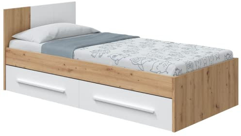 Habitdesign Cama Individual con 2 Cajones, Cama Juvenil, Cama Infantil, Modelo Noa, Acabado enBlanco Artik y Roble Nodi, Medidas: 196 cm (Largo) x 97 cm (Ancho) x 77 cm (Alto), 017436W
