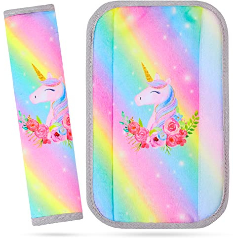 MHJY Gurtschoner Kinder Auto Gurtpolster Einhorn Autogurt Polster Mädchen Gurtschutz 2 Stück Sicherheitsgurt Anschnallgurt Polster Hals Autogurt Schutz