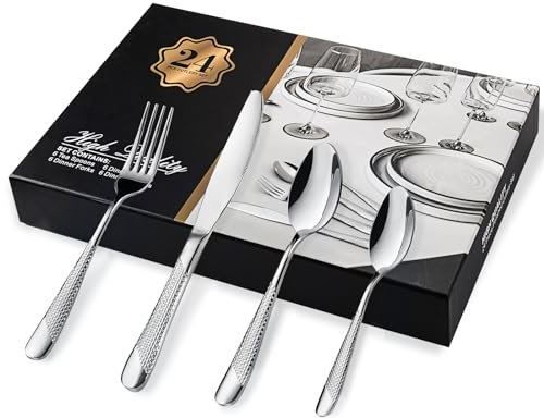 Cutlery Set, 24 Piece Knife and Fork Sets, Stainless Steel Tableware Set with Hammered Pattern Design, Silverware Flatware Set Included Forks/Knives/Spoons, Service for 6, Gift Box