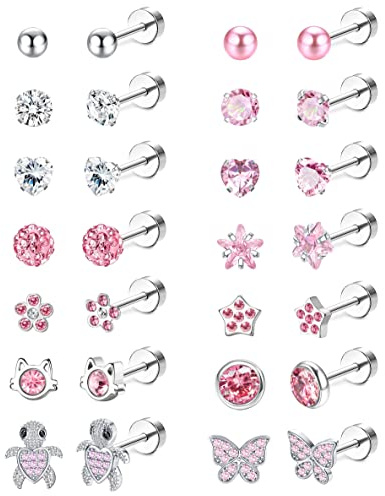 14Pairs Hypoallergenic Flat Back Earrings For Girls - Surgical Steel Stud Earrings For Girls Women Tiny CZ Pearl Ball Heart Flower Pink Earring Set Screw Back Sleeper Earring 20G Over 3 Years Old