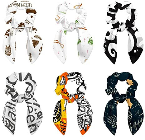 6 Pcs Hair Scrunchies - Green Palm Leaves and Pink Flamingos Hair Scarf Scrunchy with Ribbon Bow, Elastic Hair Ties Ponytail Holders for Women Teenage Girls