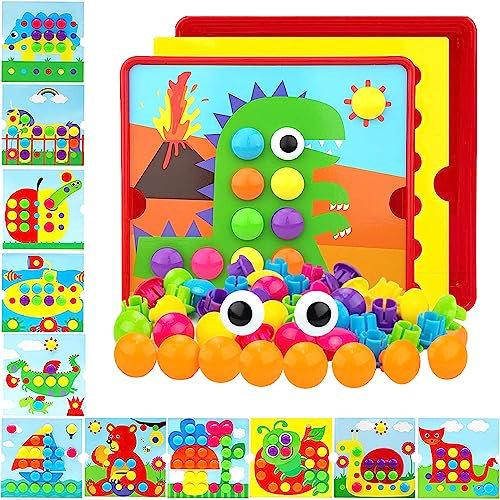 Eagool Mosaik Steckspiel ab 2 3 4, Mosaik Steckspiel für Kinder Steckspielzeug Kinderspielzeug Montessori Spielzeug 2 Jahre für Geburtstag Geschenk, 12 Karten und 46 Steckperlen