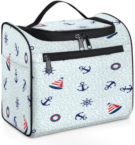 Sailboat Anchor Lifebuoy Toiletries Cosmetic Bag Portable Cosmetic Bag Large Capacity Ladies Cosmetic Bag Travel Cosmetic Bag Cosmetic Organizer Waterproof with Divider and Handle, as shown