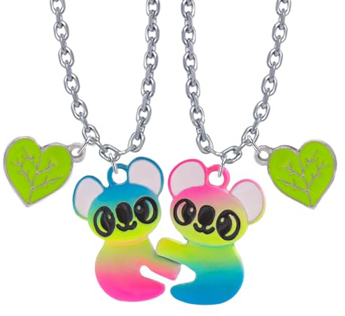 Bixorp Süße Freundschaftskette für 2 Grüner Regenbogen-Koala - Magnetische BFF Kette - Niedlicher Anhänger für beste Freunde - Silber