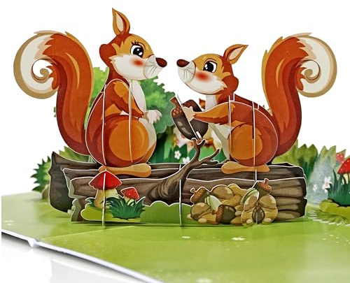CUTPOPUP Carta 3D Scoiattolo - Biglietto Anniversario, Biglietto Auguri Matrimonio, Biglietto Auguri Compleanno, Biglietto san Valentino (Squirrel Couple2) US8-SD189IT