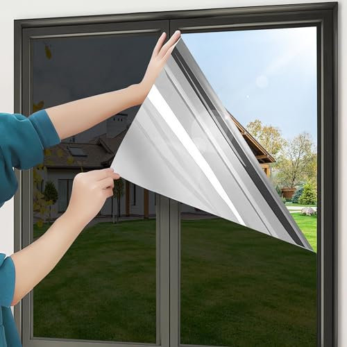 QOQIDUN One Way Window Film Heat Reflective Privacy Self Adhesive for Glass Windows, Anti Glare UV Sun Blocker Mirror Window Tint Film for Home and Office (Black-Silver, 90x200cm)