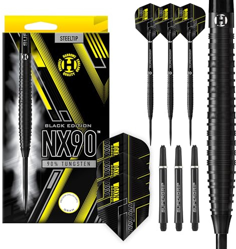 Harrows NX90 Black Edition Darts-Set mit 90% Wolframstahlspitze, 21 g, 22 g, 23 g, 24 g, 25 g und 26 g – inklusive schwarzen Supergrip-Midi-Schäften und Micron-NX90-Flights (24 Grams)