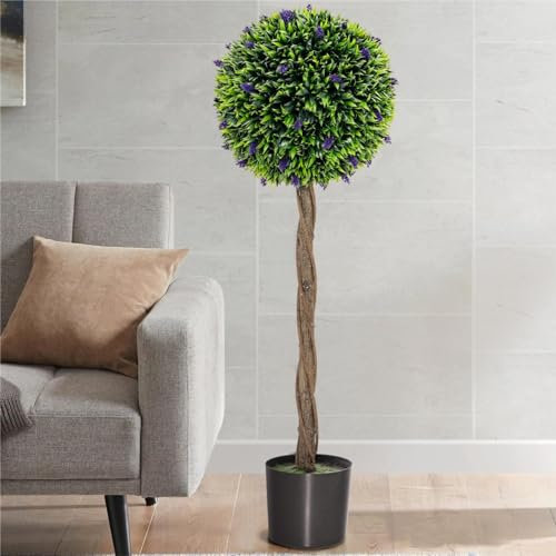 TANGZON Artificial Boxwood Topiary Tree, 115CM/3.7FT Fake Lavender Flower Ball Plant in Cement Pot, Indoor Outdoor Decorative Faux Potted Buxus Tree for Home Office Living Room Garden Porch (1)