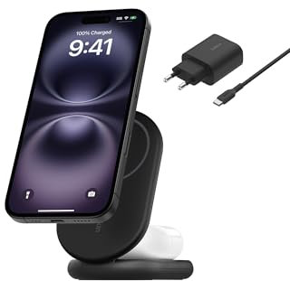 Belkin BoostCharge Caricabatteria magnetico pieghevole 2 in 1 con Qi2 15W, caricatore wireless compatibile con MagSafe, ricarica rapida per Apple iPhone 16/15/14, base antiscivolo, alimentatore, nero