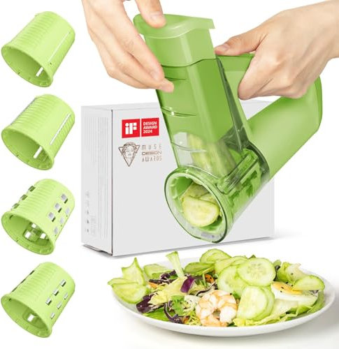 Affettatrice elettrica per verdure – Cutter salad senza fili, 4 lame intercambiabili (affettatura, grattugiatura, raschiatura del cibo), grattugia rotativa a una mano, ricaricabile Tipo-C, Verde