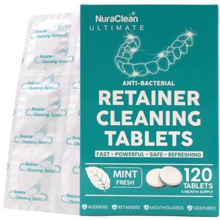 NuraClean Ultimate Retainer Cleaning Tablets Mint Fresh Removes Stains, Deposits, Odor, Safe for Retainers, Aligners, Dentures, Dentures, Dental Protection, 120 Tablets, Fast 15 Minute