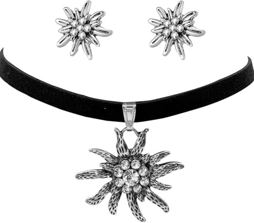 SSKHE Edelweiss Necklace Set, Elegant Earrings, Rhinestone Edelweiss, Choker, Bavarian Beer Festival Dirndl Jewellery Costume, One Size, Silver, Created Zircon