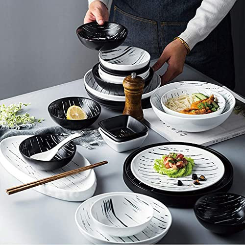 Platos de Cena Elegantes y clásicos, Juegos de vajilla de cerámica, Juego Combinado de vajilla de Porcelana de 56 Piezas | Juego de Platos y Cuencos para Cereales en Blanco y Negro Mate para