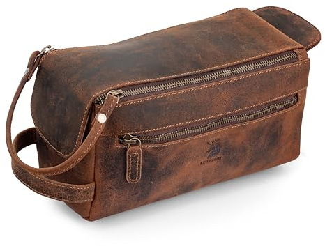 Learichi 10 Zoll handgefertigte Kulturtasche aus Hunter-Leder für Herren – Wasserdichtes Reise-Dopp-Set, Vintage-Braun-Organizer mit Metallreißverschlüssen, Bräutigam
