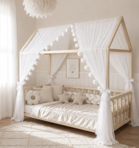 Baby Fancyroom Betthimmel für Hausbett, Bettvorhang aus Tüll, Beige, 2er Set mit Schleifen und Pompomgirlande, Baldachin für Kinderbett Mädchen (Ecru/Weiß, 320cm, ohne Pompomgirlande)