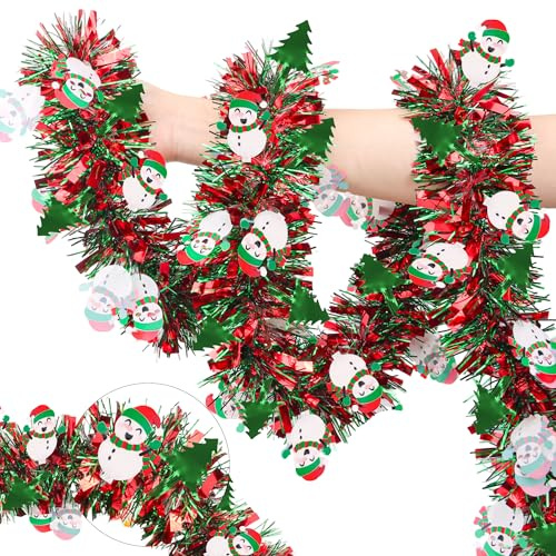 50FT Red Green Christmas Tinsel Garland with Tree Snowman Ornaments Metallic Xmas Garland for Christmas Tree Decorations Holiday Hanging Garlands for Mantel Staircase Indoor Outdoor Home Holiday Decor