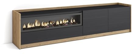 Skraut Home | Mueble TV | Televisión | Muebles de salón, almacenaje | 207x50x37 cm | para TV hasta 80 | Chimenea eléctrica | Estilo Moderno | Negro y Roble
