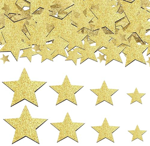 Whimzey 4 Größen Holzsterne zum Basteln Streudeko Weihnachten 1-4cm, 50 Stk Glitzer Sterne Deko Holz Klein, Weihnachtsdeko Sterne Gold, Konfetti Weihnachten Tischdeko,Dekostern für Hochzeit,Geburtstag
