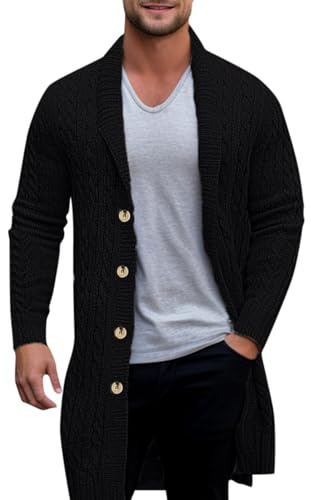 Duohropke Manteau en tricot long pour homme - Cardigan basique - Automne - Hiver - Vintage - Grandes tailles - Veste de transition - Cardigan en tricot avec poches - Cardigan décontracté - Manteau