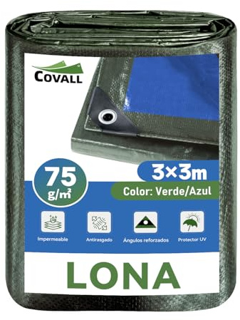 COVALL Telo impermeabile esterno 3mx3m,75g/㎡ con protezione UV Telone blu | Resistente ai raggi UV e allo strappo,occhielli metallici antiruggine,multiuso per auto,giardino,campeggio