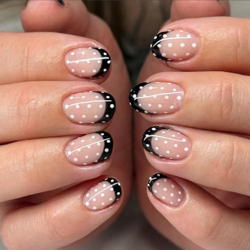 24 Stück Mandelform-Kunstnägel, niedliche Kunstnägel mit Polka-Dot-Muster, langlebig und rissfest, glänzende, vollflächige Klebenägel für den Polka-Dot-Trend (Style F)