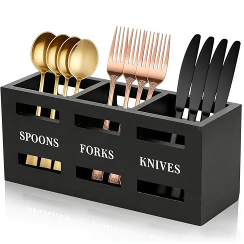 Ninnyi Wooden Utensil Holder, Kitchen Cutlery Multipurpose Storage Caddy with 3 Compartments for Table Spoons Cutters Forks
