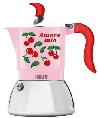 Bialetti Caffettiera Moka Induction Amore Mio 3 Tazze, Rossa con Ciliegie, Alluminio, 130 ml, Preparazione Caffè Espresso Manuale, adatta ai Piani Induzione