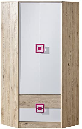 Marmex Nico N2 Eckkleiderschrank - Hochwertige Möbelbeschläge - Kleiner Kleiderschrank - Kleiderschrank für Jugend, Kinderzimmer - Eiche Hell + Weiß + Rosa - 87x190x87cm