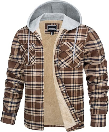 TACVASEN Men's Hooded Flannel Shirts Jacket Lined Fleece Plaid Hoodies Shirts Button Down Padded Check Lumberjack Jacket Brown,M