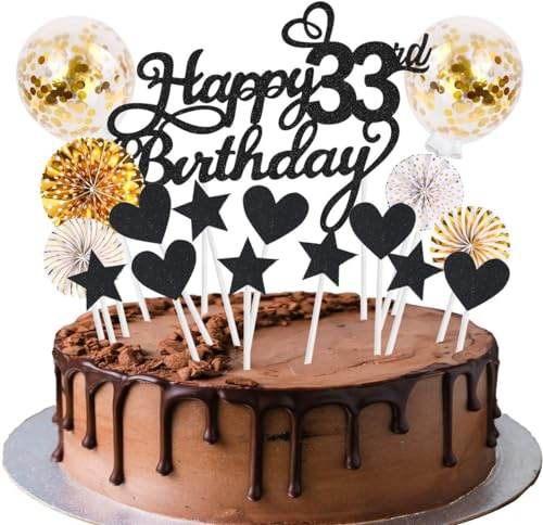 SNOWZAN Tortendeko 33. Geburtstag Schwarz Gold - Kuchen Topper Happy Birthday Cake Topper - Kuchendeko für Junge und Frauen