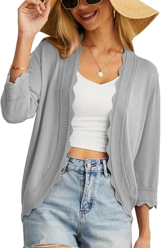 GRECERELLE Damen Strickjacke Sommer Leichte Kurz Elegant Langarm Strickpullover Jäckchen Damen Sommer mit V-Ausschnitt Vintage Klassisch Cardigan Bolero für Kleid (Hellgrau, XL)