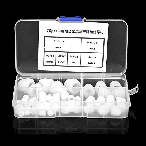 70Pcs Nut Acorn Plastic Hex Acorn Nut, Dome Cap Nut Acorn Nuts M3/M4/M5/M6/M8/M10 Nylon Nut Hex Head Dome Acorn CoverNut Hex Head Dome (White)