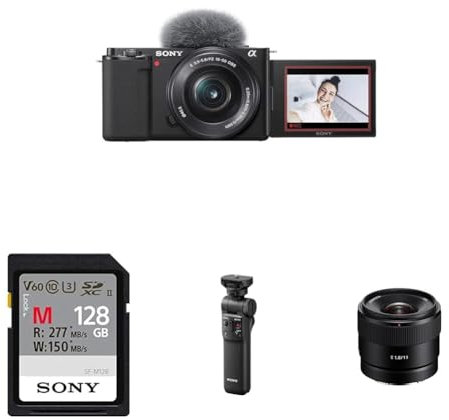 Sony Alpha ZV-E10L | APS-C Mirrorless interchangable-lens vlog camera with 16-50mm lens + Content Creator kit Lens Edition including: Bluetooth Shooting Grip, E 11mm F1.8 Lens, Memory Card and Flash