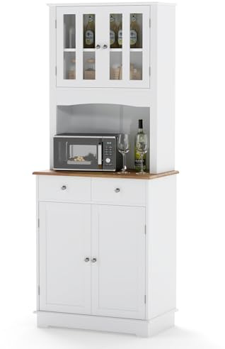 GIANTEX Alacena de Cocina, Armario Buffet Alto con Puertas y 2 Cajones, Estantes Ajustables, Encimera para Microondas, 68 x 40 x 170 cm, Mueble Aparador para Comedor, Salón (Blanco)