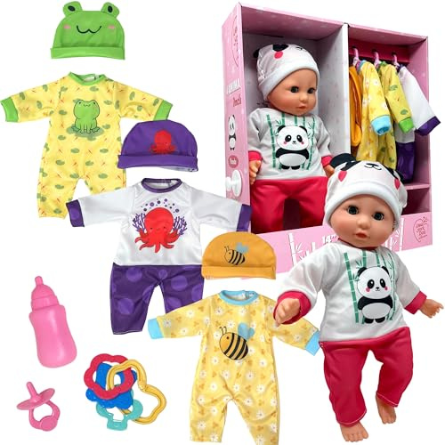 Soft Body Baby Doll with Accessories & 4 Sets of Animal Outfits, Realistic Baby Doll with Clothes & Toys, 14 Inch Doll Play Set Wardrobe Closet, Baby Dolls for Girls, Kids Gift for 3 4 5 Year Old