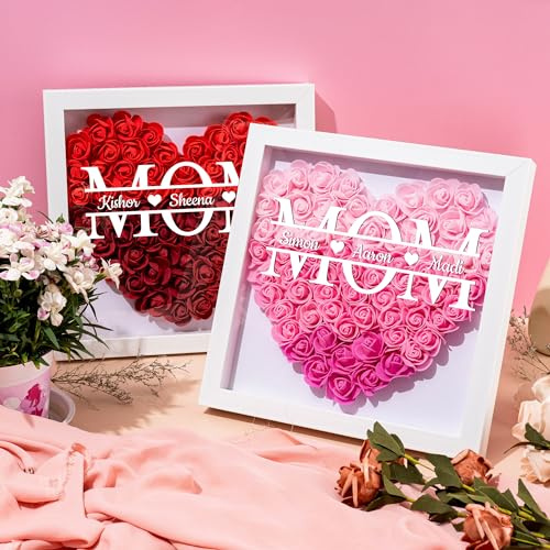 Custom Mom Flower Shadow Box with Name, Personalized Mom Heart Shaped Monogram Flower Shadow Box, Customized Gift for Mothers Day Birthday Christmas