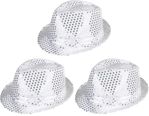 YeeHeen 3 Pieces Sequin Fedora Hat Unisex Western Dance Jazz Hat Shining Sequin Disco Cap Set G Silver