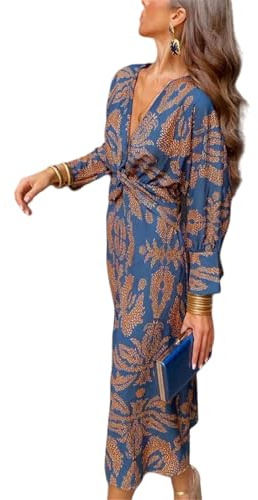 Long Sleeve Boho Dress,Floral Print Retro V Neck Cocktail Party Beach Maxi Wedding Dresses for Women