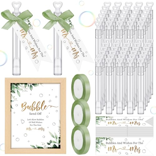 405 Pcs Wedding Send Off Bubble Ideas Set Include Heart Bubble Wands Gift Tags Cards Wood Photo Frame Ribbons Wedding Send Off Party Favors for Guests(Sage Green)