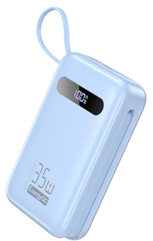 Power Bank, PD 35W 20000mAh Externer Akku mit Integriertem USB-C Kabel, 8 Pin Kabel und LED Display, Tragbares Ladegerät Akkupack für iPhone 16/15/14/13, Tablet, Galaxy S23/S22, Huawei usw.-Blau