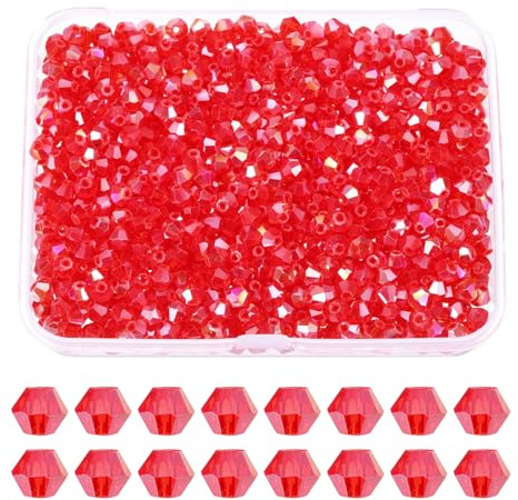 PATIKIL 1 000 st 4 mm bikonglaspärlor, fasetterade glasdistanspärlor med låda för smyckestillverkning armband halsband örhängen gör-det-själv solfångarhantverk, röd AB
